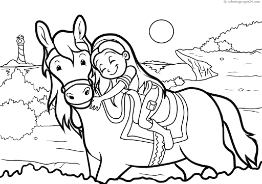 Kolorowanka dziewczynka przytulająca konia